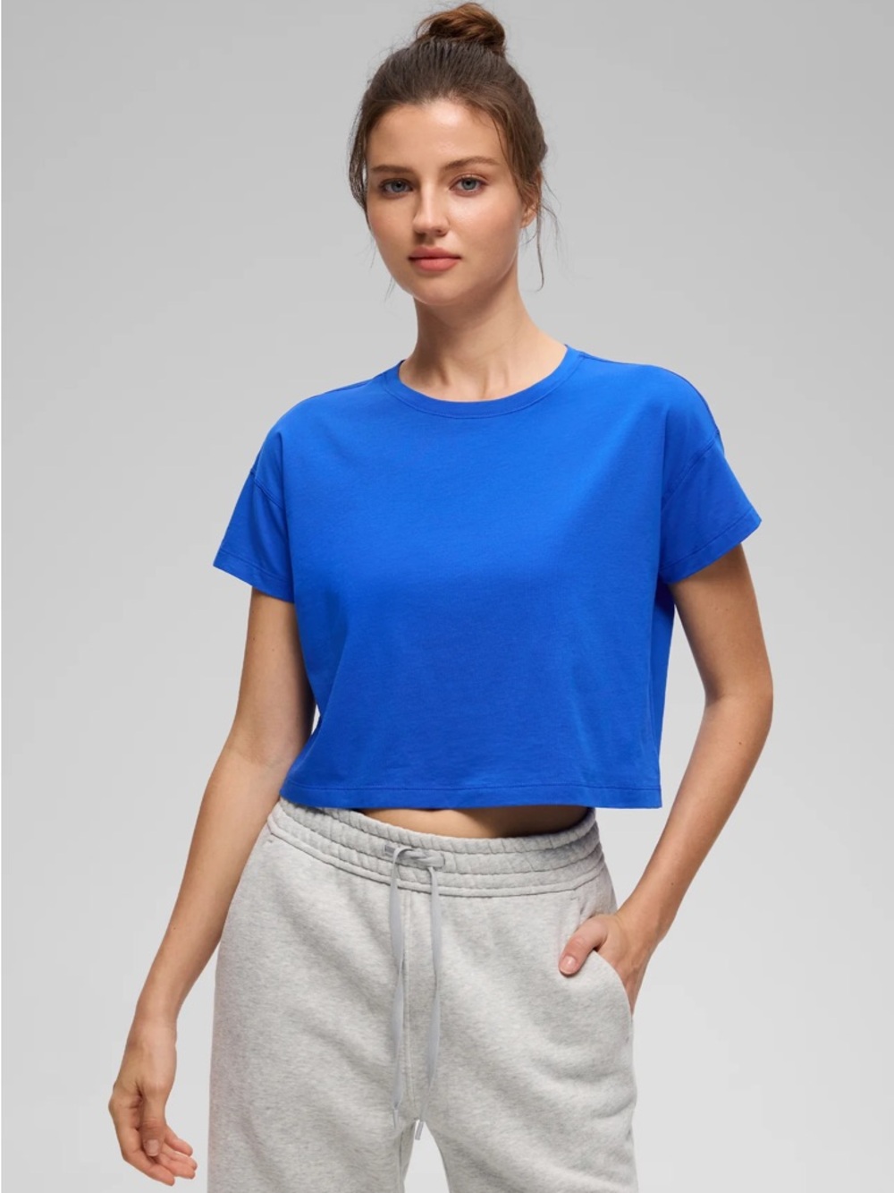 CRZ YOGA Pima Cotton Crew Neck Cropped Short Sleeve Strong Blue
